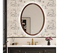 Zhoudong Miroir Décoratif Baroque Ovale avec Éclairage Dimmable, 3 Couleurs, Miroir de Courtoisie Mural Vintage Cadre en PU, pour Salle de Bain, Chambre(Brown,with Light)