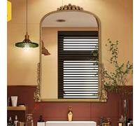Zhoudong Miroir Mural Antique Orné Baroque 80/100cm, Arqué Vintage Miroir de Maquillage Salle de Bain Sculpté Décoratif, Cadre Doré/Argenté, Style Français(Gold,70x100cm)