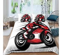 ZHOUJIELUN Housse de Couette 90X190 cm Enfant Moto Rouge Parure de Lit 1 Personne Doux Respirant Microfibre Housse de Couette avec Fermeture Éclair + 1 Taie d'oreiller 65x65 cm