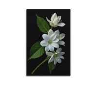 ZHOUKEG Décoration murale artistique moderne à suspendre avec petites fleurs blanches et feuilles vertes sur fond noir 40 x 60 cm