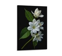 ZHOUKEG Décoration murale artistique moderne à suspendre avec petites fleurs blanches et feuilles vertes sur fond noir 20 x 30 cm
