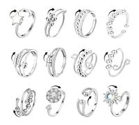 ZhouWei 12 Pièces Bague Anti Stress Femme, Anneaux Anti Stress Ensemble Acier Inoxydable Réglable Ouverts Fidget Bague Antistress Bagues Anti-anxiété, pour Relaxation Femme Homme (Argent)