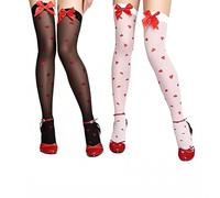 ZhouWei 2 Paires Chaussettes Hautes Femme, Chaussettes Femme Hautes avec Décoration en Forme de Nœud et de Cœur, Bas avec Noeud, pour Fête, Carnaval, Cosplay (Noir Blanc)