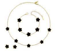 ZhouWei 4 Pièces Ensemble de Bijoux Trèfle à Quatre Feuilles, Réglable Bracelet Trèfle à Cinq Feuilles Bijoux Acier Inoxydable Femme Sets Plated Cinq Leaf Collier Boucles D'oreilles Bracelet (Noir)