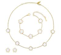 ZhouWei 4 Pièces Ensemble de Bijoux Trèfle à Quatre Feuilles, Réglable Bracelet Trèfle à Cinq Feuilles Bijoux Acier Inoxydable Femme Sets Plated Cinq Leaf Collier Boucles D'oreilles Bracelet (Blanc)