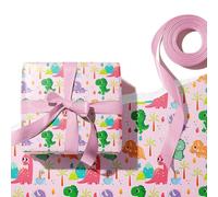ZhouWei 5 Pièces 70 x 50cm Feuilles Papier Emballage Cadeau, Motif Animaux papier cadeau avec 22 m Ruban Satin Geschenkpapier Kinder, pour Bébé Shower Naissance Anniversaire (Rose)