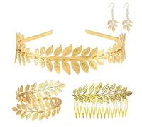 ZhouWei 5 Pièces Déesse Grecque Costume, Parures pour Femme Cleopatre Accessoire Couronne de Laurier Dorée Diadème Peigne à Cheveux Bracelet Bras Boucles D'Oreilles Perle, pour Mariage