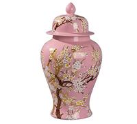 ZHOUXIAO Vases en pot à gingembre en céramique avec couvercle, motif floral, vase en porcelaine artisanal, décoration pour maison, café, bureau, chambre à coucher, rose, taille M