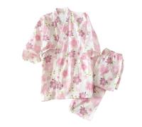 ZHOUXYFDC Pyjama Femme Coton Ensemble Pyjama Kimono à Sept Manches for Femme, en Gaze de Coton, vêtements de Maison, Mignons et Doux, Printemps et Automne(Color-03,M)