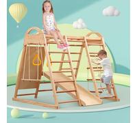 ZHPPED Aire de Jeux intérieure pour Enfants - Aire de Jeux intérieure avec Toboggan, Mur d'escalade, Filet d'escalade et balançoire - Tour d'escalade Pliable en Bois - Naturel