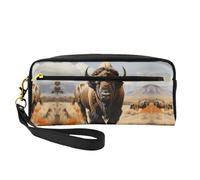 ZhRiYan Petite trousse de maquillage en cuir avec imprimé troupeau de bison d'Amérique du Nord - Trousse de toilette de voyage pour femme - Réutilisable avec fermeture éclair - Noir - Taille unique