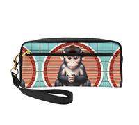 ZhRiYan The Silent Monkey Petite trousse de maquillage en cuir imprimé - Trousse de toilette de voyage pour femme - Réutilisable avec fermeture éclair - Noir - Taille unique - Noir - Taille unique