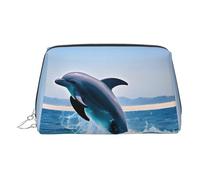 ZhRiYan Trousse de maquillage en cuir doré - Trousse de maquillage de voyage avec motif dauphins sautant avec fermeture éclair, organiseur de toilette portable pour un usage quotidien, Argent, One