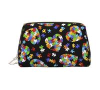 ZhRiYan Trousse de maquillage en cuir doré - Trousse de voyage pour la sensibilisation à l'autisme - Pièces de puzzle avec motif cœur - Trousse de toilette portable pour un usage quotidien, Or, One