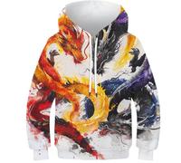 Zhudong Imprimé 3D Unisexe Le Dragon Sweat À Capuche Poches À Cordon Sweat-Shirt pour Hommes Femmes 10-12Y