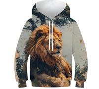 Zhudong Imprimé 3D Unisexe Le Lion Sweat À Capuche Animaux Manches Longues Hoodie pour Enfant 9-11Y