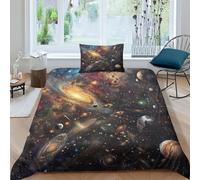 ZHUICHENG Planètes cosmiques Parure De Lit en Microfibre-2 Pièces-Drap Housse+Drap Plat Personnes Taies d'oreiller Doux Qualité Luxury Galaxies Housse De Couette Enfants Adultes Simple（135x200cm）