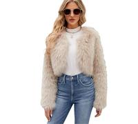 ZhuiKun Boléro à Manches Longues pour Femme Veste courte à devant ouvert Sans Col Manteau en Fausse Fourrure - Beige, XXL