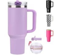 ZHUIYIWIN Gobelet avec paille pliable et poignée, bouteille d'eau tasse à café mug de voyage pour boissons froides ou chaudes, gobelet isotherme sous vide à double paroi en acier inoxydable (violet