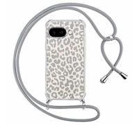 ZhuoFan Coque avec Cordon pour Google Pixel 9a 5G, Aesthetic Motif Léopard Case Étui Transparent Silicone+PC Lanyard Housse de Protection avec Collier Gris Réglable Corde Cover pour Femmes, 03