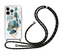 ZhuoFan Paillettes Coque avec Cordon pour iPhone 13/iPhone 14 6,1", Transparent Glitter Paillette Coque Collier Réglable Téléphone Étui Portable Lanyard avec Feuilles Motif Housse, Or Noir