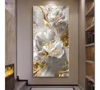 ZHUOYA Affiche à l'huile abstraite de fleurs dorées et blanches, impression sur toile moderne, art mural, décoration intérieure (50 x 70 cm/toile tendue sur châssis)