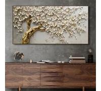 ZHUOYA Affiche et impressions d'arbre à fleurs blanches et dorées, peinture abstraite sur toile, art mural pour la décoration du salon (70x90cm/sans cadre)