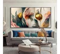 ZHUOYA Affiche vintage à fleurs dorées, vertes et roses, tableau sur toile, impression d'art mural, décoration intérieure pour salon (50x70cm/Toile tendue sur châssis)