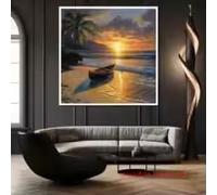 ZHUOYA Bateau sur la rive, coucher de soleil tropical, paysage côtier, affiche d'art, peinture sur toile, impressions murales, image pour décoration de salon (55 x 55 cm, sans cadre)
