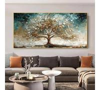 ZHUOYA Élégante peinture abstraite sur toile représentant un arbre d'hiver doré et bleu, riche paysage mural pour décoration de salon, affiches d'arbres, 60 x 120 cm, sans cadre