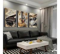 ZHUOYA Ensemble de tableaux muraux vintage sur toile représentant des instruments de musique - Triptyque rustique composé d'une guitare, d'un piano et d'une batterie (40 x 60 cm x 3 / sans cadre)