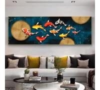 ZHUOYA Grande décoration murale sur toile, style chinois, affiche de carpes koï, illustration de neuf poissons, Feng Shui, étang de lotus, décoration intérieure (60 x 180 cm/sans cadre)