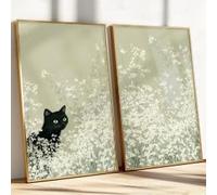 ZHUOYA Lot de 2 affiches printanières vert sauge à imprimer représentant des chats dans un champ de fleurs, décoration murale avec chat noir, tableau floral (30 x 50 x 2 cm/cadre)