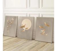 ZHUOYA Lot de 3 tableaux sur toile dorés, beiges et neutres, représentant des oiseaux de style Japandi, pour la décoration de votre salon (30 x 50 x 3 cm, sans cadre).
