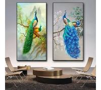 ZHUOYA Peinture sur toile de style chinois luxueux représentant un paon bleu et des fleurs, affiche artistique animalière pour la décoration murale du salon (60 x 90 x 2 cm/Toile tendue sur châssis)
