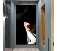 ZHUOYA Portrait féminin classique en noir et blanc, peinture sur toile, lèvres rouges sexy, chapeau noir, affiche d'art, décoration de chambre, 30 x 60 cm, sans cadre