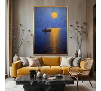 ZHUOYA Reflet de clair de lune doré et paysage de bateau solitaire - Tableau sur toile - Pleine lune dorée sur mer d'un bleu profond - Affiche décorative (20x30cm/sans cadre)