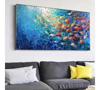 ZHUOYA Tableau abstrait sur toile représentant un banc de poissons bleus, grand format, de style nordique moderne, idéal pour la décoration intérieure (70 x 140 cm, sans cadre).
