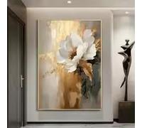 ZHUOYA Tableau de pivoines avec feuille d'or - Décoration murale moderne et luxueuse, élégante fleur blanche et accents dorés, parfait pour les salons (60 x 80 cm/sans cadre)
