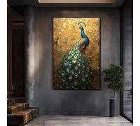 ZHUOYA Tableau sur toile grand format (50 x 70 cm, sans cadre) représentant un paon aux plumes bleues et vertes éclatantes sur fond doré, idéal pour la chambre ou le salon.