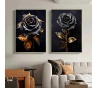 ZHUOYA Tableau sur toile style nordique moderne « Fleurs noires et dorées » - Décoration intérieure - Œuvre d’art esthétique - Affiche murale - Décoration de chambre (30 x 50 x 2 cm/cadre)