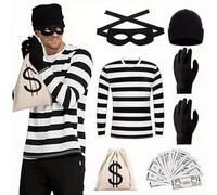 ZhuXIXILiang Lot de 6 costumes de voleur pour adulte - Déguisement de flics et voleurs avec t-shirt rayé noir et blanc - Masque pour les yeux - Gants - Sac en toile - Bonnet pour Halloween et carnaval