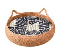 ZHXQRP Lit for Chat Tissé avec De l'herbe à Quenouille Lits Ronds for Chatons for Chats D'IntéRieur Lits for Animaux De Compagnie Lavables Convient à Toutes Les Saisons(Cat Bed+Blue Mat,35cm)