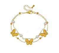 ZIAFRPN Acier inoxydablel Papillon Bowknot Perle Bracelet Double Couche pour Les Femmes Mode Poignet chaîne Bijoux Cadeau de fête