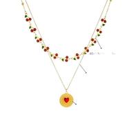 ZIAFRPN Cerise en Acier Inoxydable Circulaire incrusté Coeur Rouge Zircon Double Couche Collier WomensTrend Neck Chain Jewelry Gift