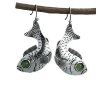 ZIAFRPN Charme Femmes Luxe Poisson Animal Vert Pierre Goutte Argent Boucles d’Oreilles Fête Bijoux Cadeaux