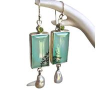 ZIAFRPN Vintage carré Vert Opale Pierre Boucles d’Oreilles pour Femmes Ethnique Argent Rond Pierre Perle Boucle d’Oreille Bijoux de fête
