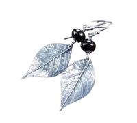 ZIAFRPN Vintage Couleur Argent Bohême Feuille Fleur Sculpture Dangle Pierre Noire Boucles d’Oreilles Boucles d’Oreilles pour Femmes