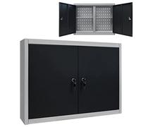Ziaphsol Armoire à outils murale style industriel en métal gris et noir 80 x 19 x 60 cm avec 2 étagères réglables, plaque perforée et portes verrouillables pour atelier garage