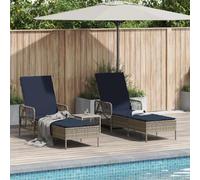 Ziaphsol Bain Soleil transat 3 pcs Gris et Bleu Marine en polyrotin, Dossier inclinable Multipositions, Coussins Amovibles, Acier Enduit de Poudre, pour Jardin terrasse Balcon Piscine extérieur